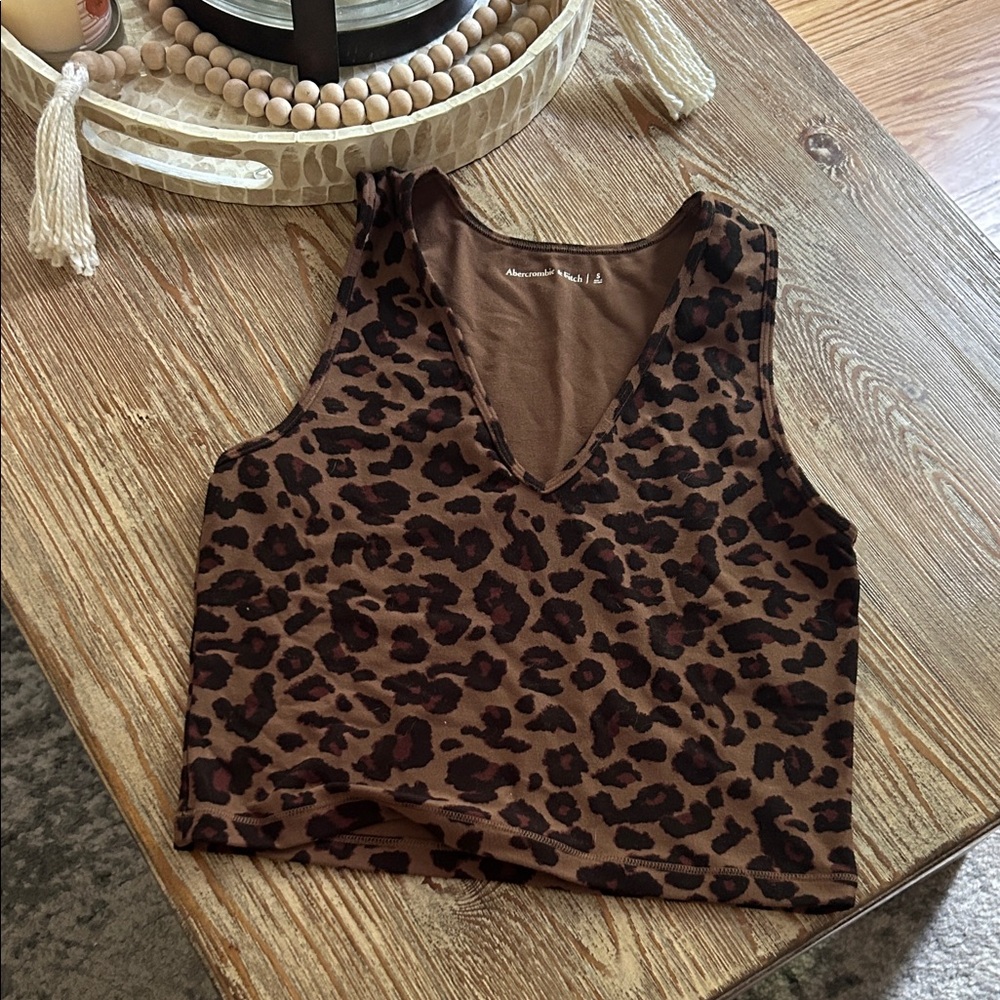 Abercrombie and Fitch Black and Brown Leopard Print Fitted Crop Tank Top